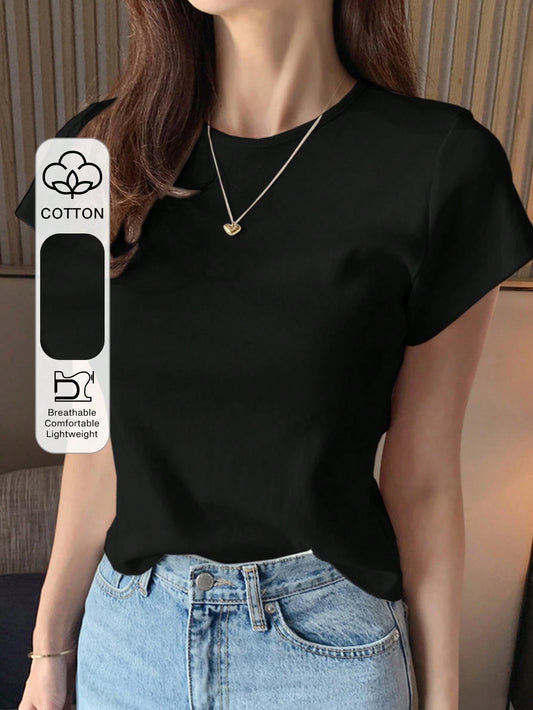 DAZY Women's Round Neck Solid Color Basic White Short Sleeve T-Shirt, Spring/Summer,Business Casual Women