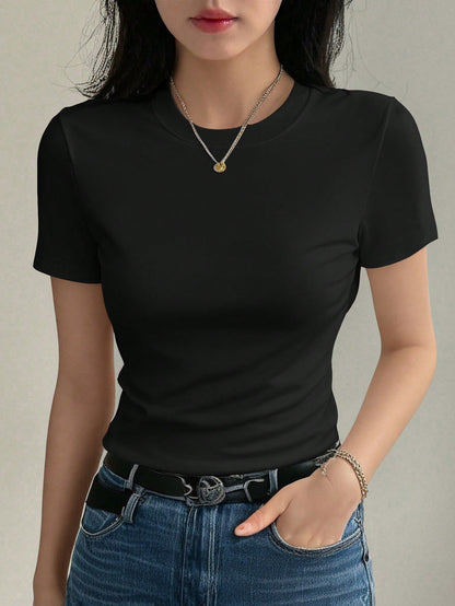 DAZY Women's Solid Color Crew Neck Fitted Short Sleeve Undershirt Summer Preppy Tops