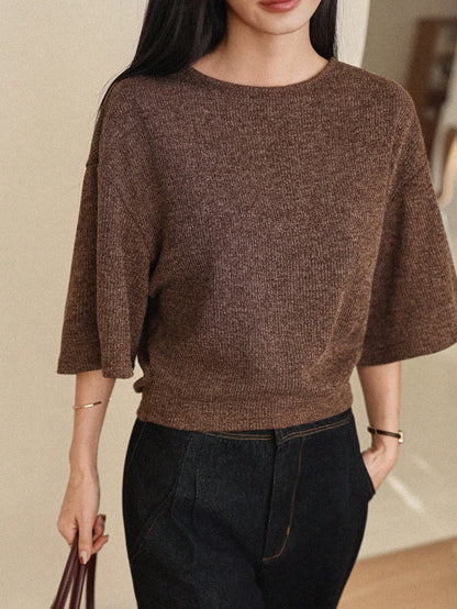 DAZY Women's Solid Color Round Neck Dropped Shoulder Casual Loose Minimalist Design Summer Versatile T-Shirt Business Casual Woman