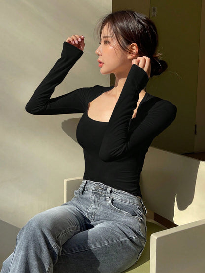 DAZY Women's Swan Neck Long Sleeve T-Shirt,Fall Clothes Going Out Tops