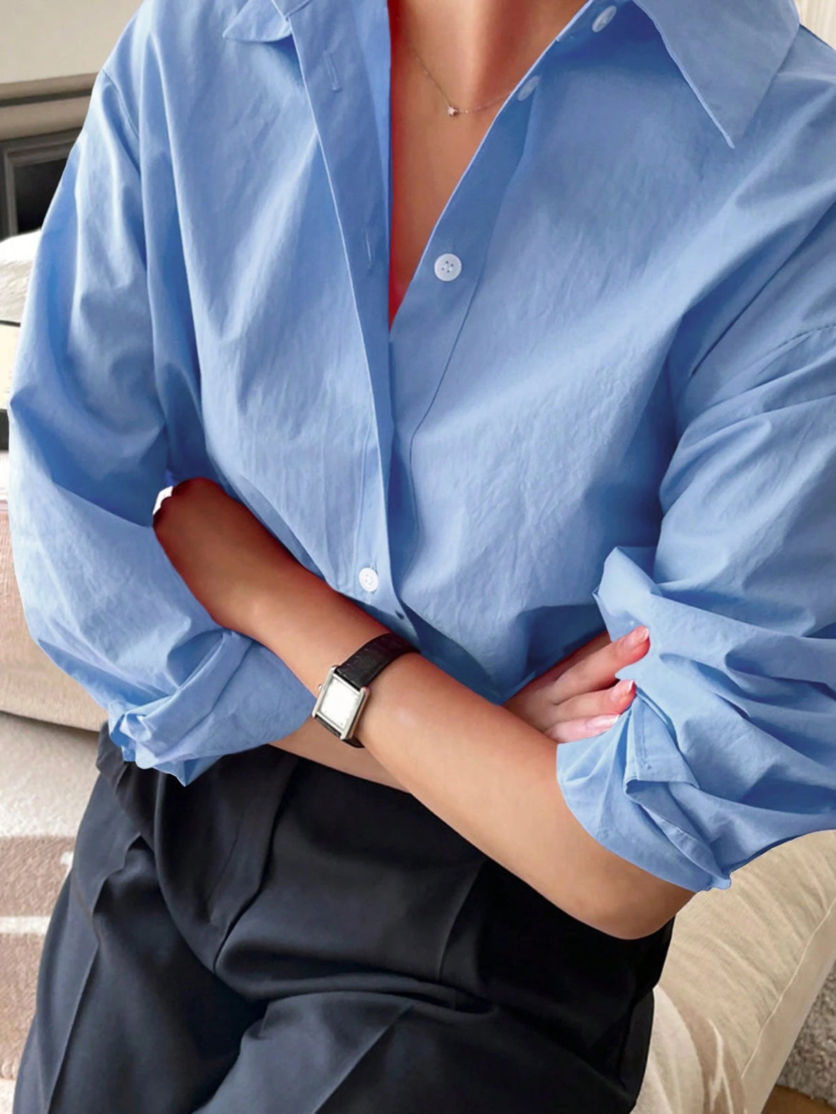 DAZY Women Spring/Summer Solid Color Long Sleeve Casual Loose Office Blouse