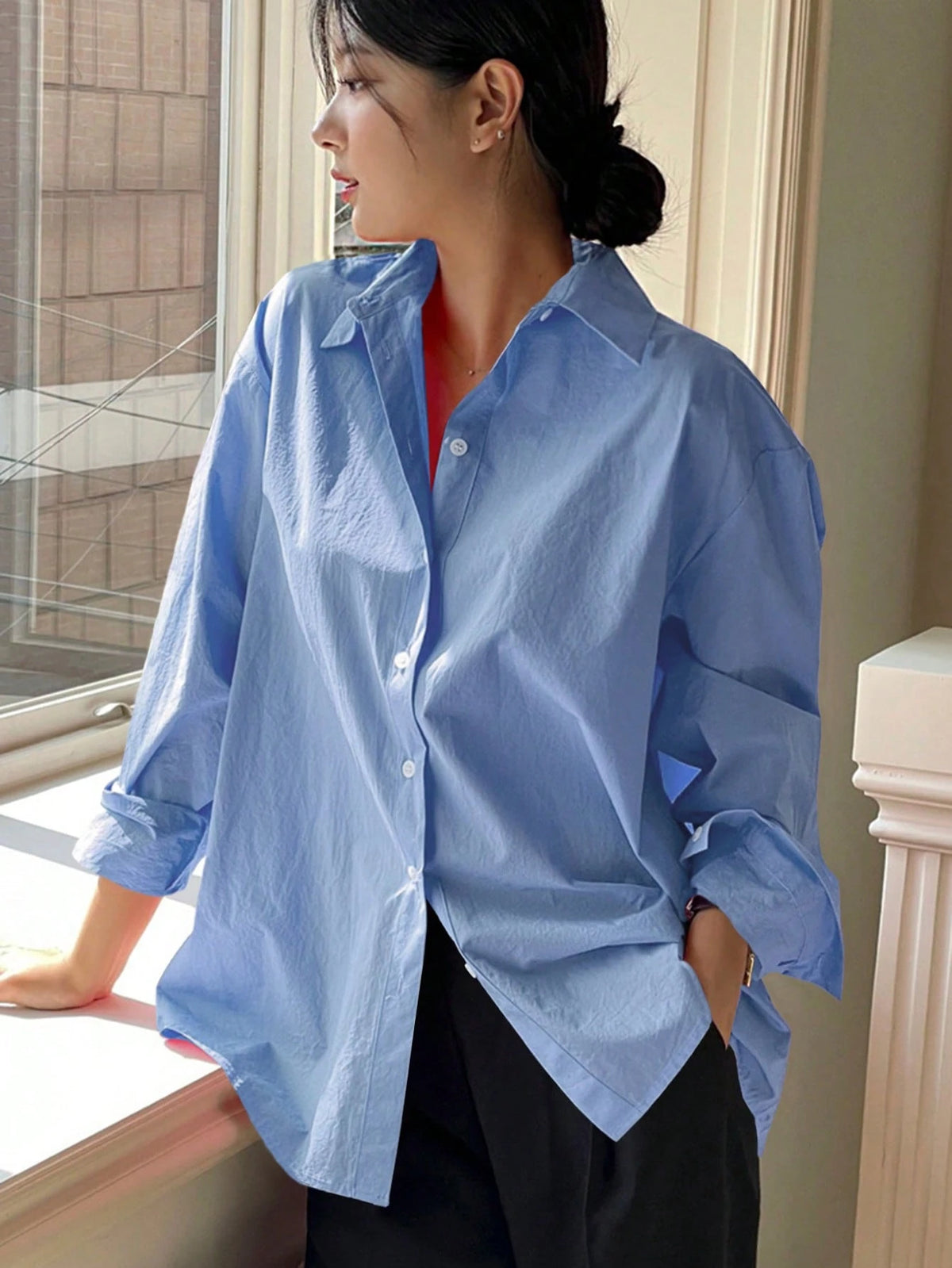 DAZY Women Spring/Summer Solid Color Long Sleeve Casual Loose Office Blouse