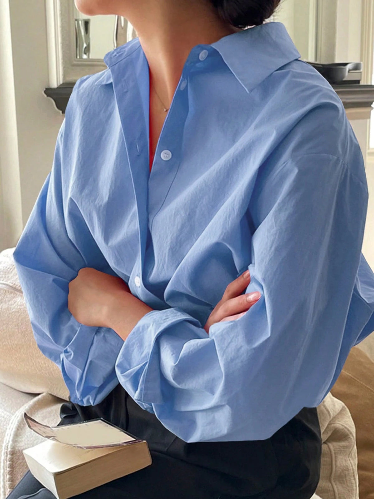 DAZY Women Spring/Summer Solid Color Long Sleeve Casual Loose Office Blouse