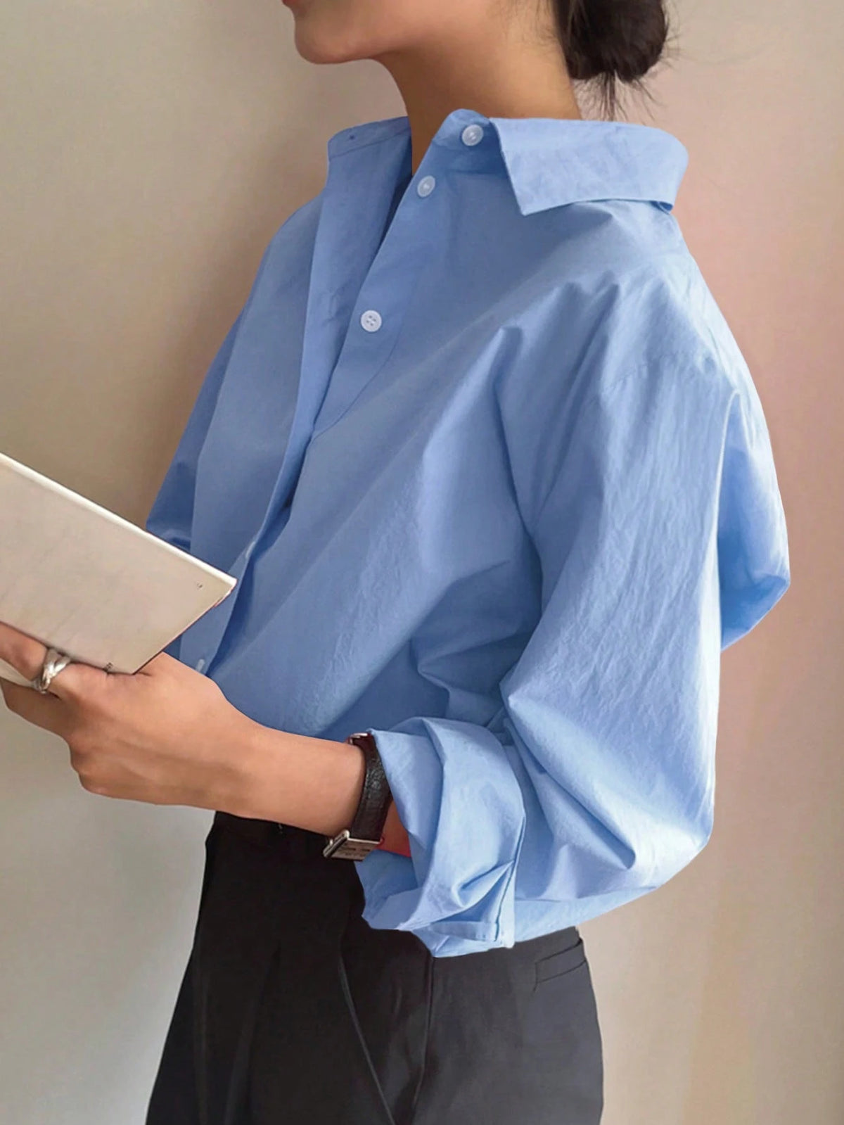 DAZY Women Spring/Summer Solid Color Long Sleeve Casual Loose Office Blouse