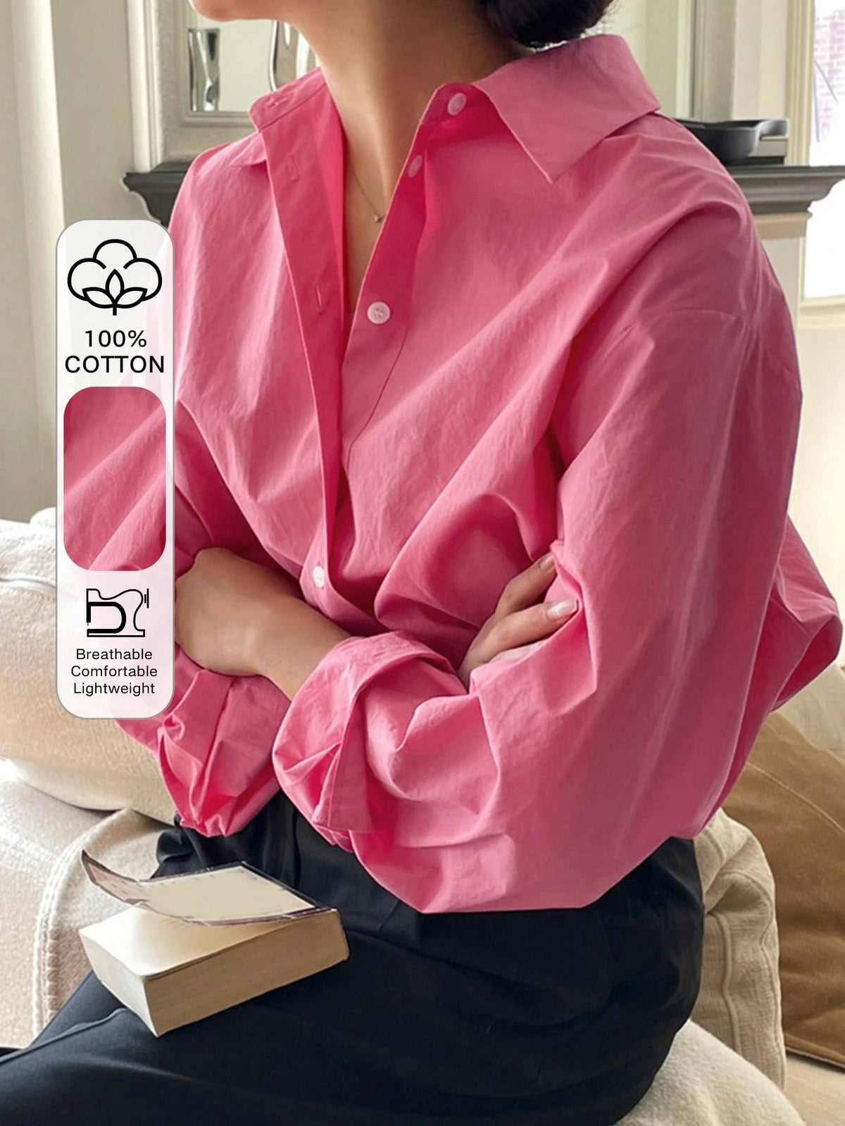 DAZY Women Spring/Summer Solid Color Long Sleeve Casual Loose Office Blouse