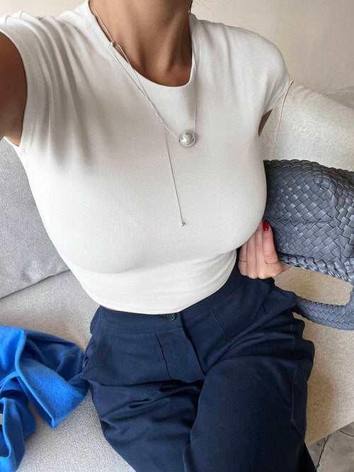 DAZY Women Summer Solid Color Short Crop Top Slim Fit T-Shirt,Business Casual Women