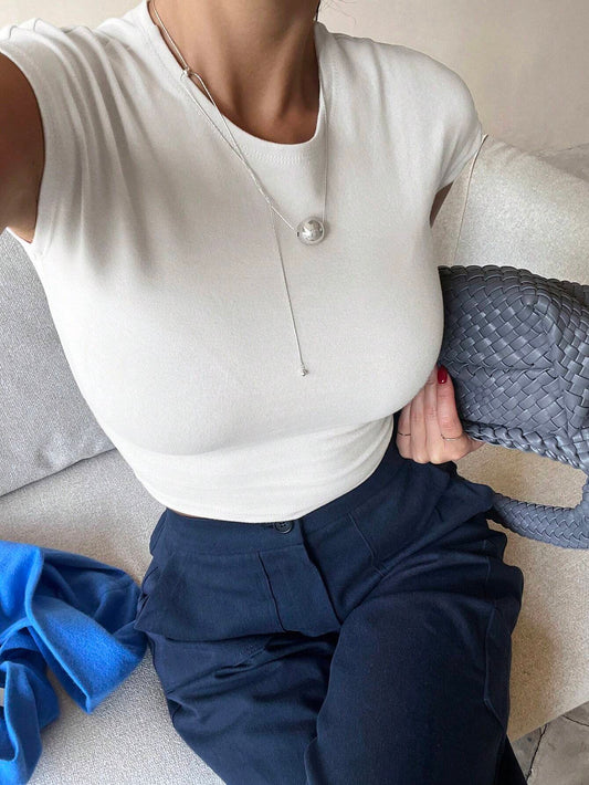 DAZY Women Summer Solid Color Short Crop Top Slim Fit T-Shirt,Business Casual Women