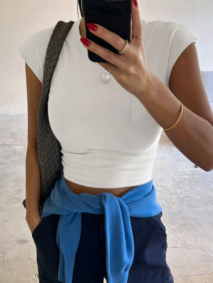 DAZY Women Summer Solid Color Short Crop Top Slim Fit T-Shirt,Business Casual Women