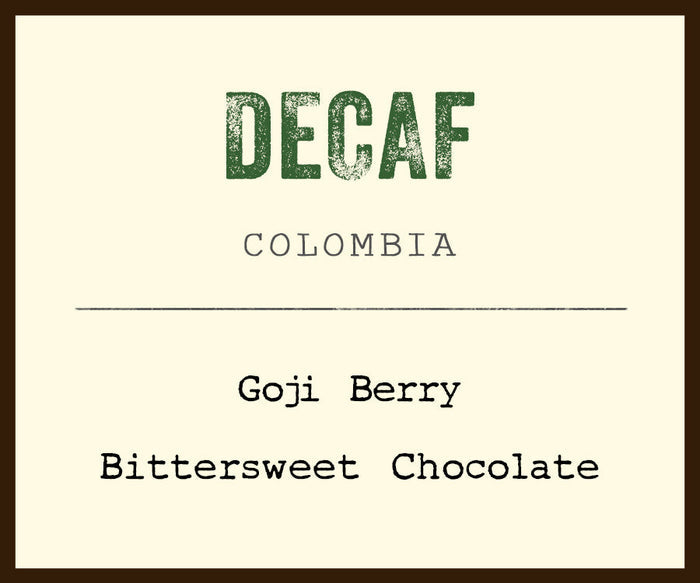 Decaf Colombia coffee bag with a large DECAF label and Colombia text