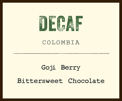 Decaf Colombia coffee bag with a large DECAF label and Colombia text