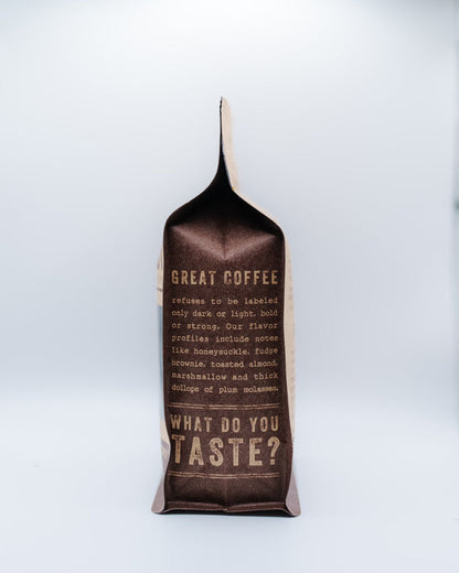 Close up of the Barefoot Coffee Roasters bag showing bold Great Coffee text along the side
