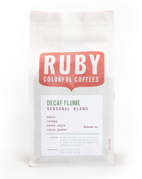 Decaf Flume Seasonal Blend bag by Ruby Coffee Roasters with a bold red RUBY logo and label.