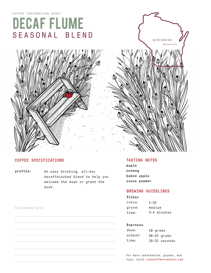 Decaf Flume Seasonal Blend information sheet with a field illustration, red mug on a bench, and a Wisconsin outline