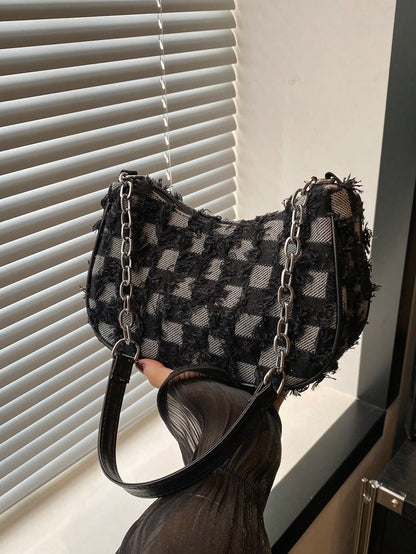 Decorative Button Detail Patchwork Chain Strap Shoulder Bag, Women Fashion Hobo Bag, Suitable For Shopping, Dating, Gift For Girls, College Students, Work, Commute