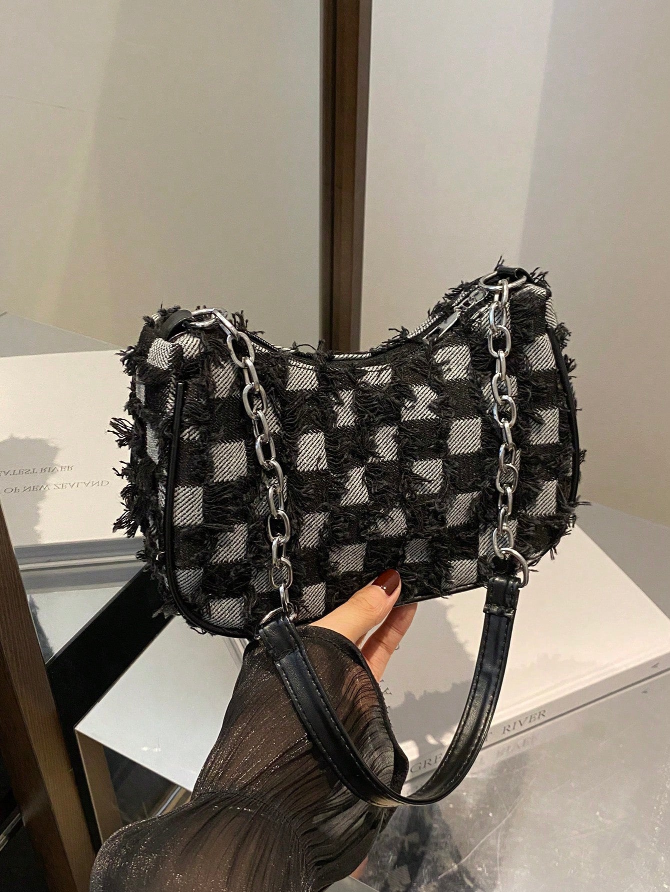 Decorative Button Detail Patchwork Chain Strap Shoulder Bag, Women Fashion Hobo Bag, Suitable For Shopping, Dating, Gift For Girls, College Students, Work, Commute