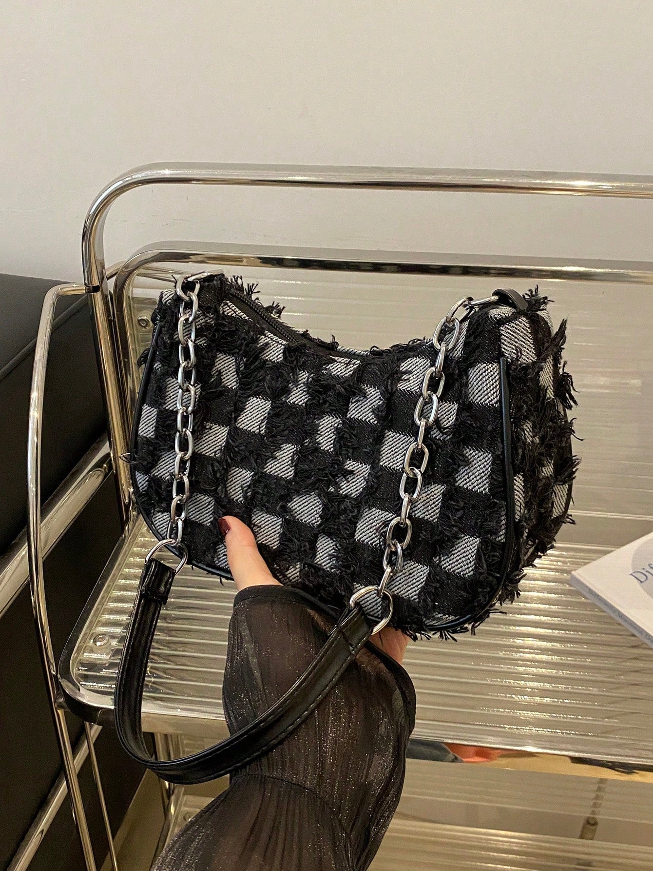 Decorative Button Detail Patchwork Chain Strap Shoulder Bag, Women Fashion Hobo Bag, Suitable For Shopping, Dating, Gift For Girls, College Students, Work, Commute