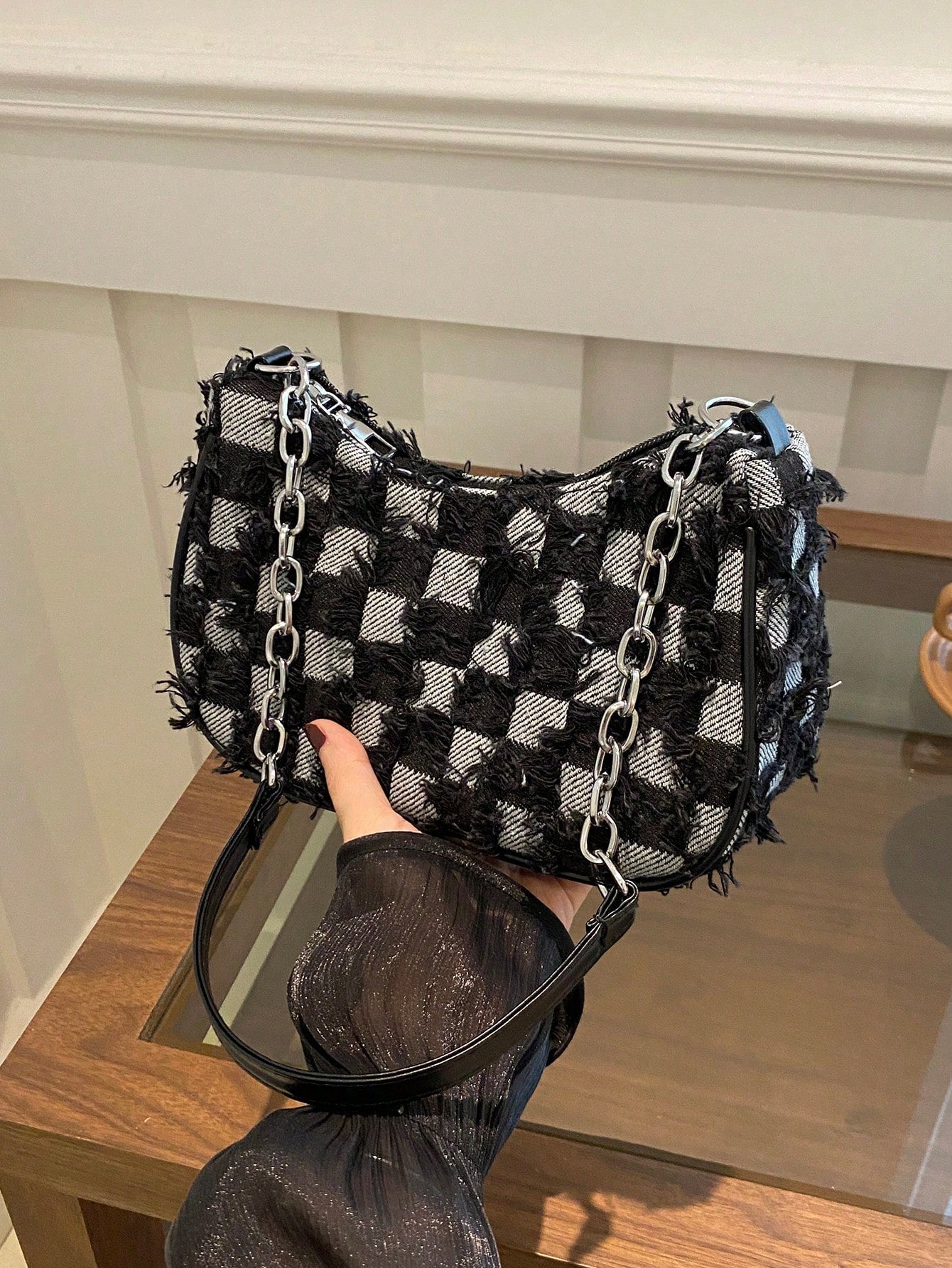 Decorative Button Detail Patchwork Chain Strap Shoulder Bag, Women Fashion Hobo Bag, Suitable For Shopping, Dating, Gift For Girls, College Students, Work, Commute