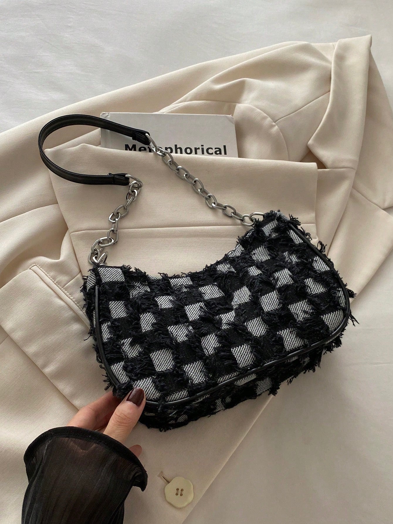Decorative Button Detail Patchwork Chain Strap Shoulder Bag, Women Fashion Hobo Bag, Suitable For Shopping, Dating, Gift For Girls, College Students, Work, Commute