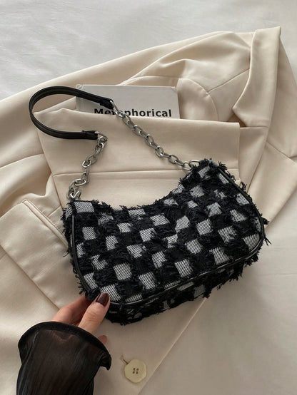 Decorative Button Detail Patchwork Chain Strap Shoulder Bag, Women Fashion Hobo Bag, Suitable For Shopping, Dating, Gift For Girls, College Students, Work, Commute