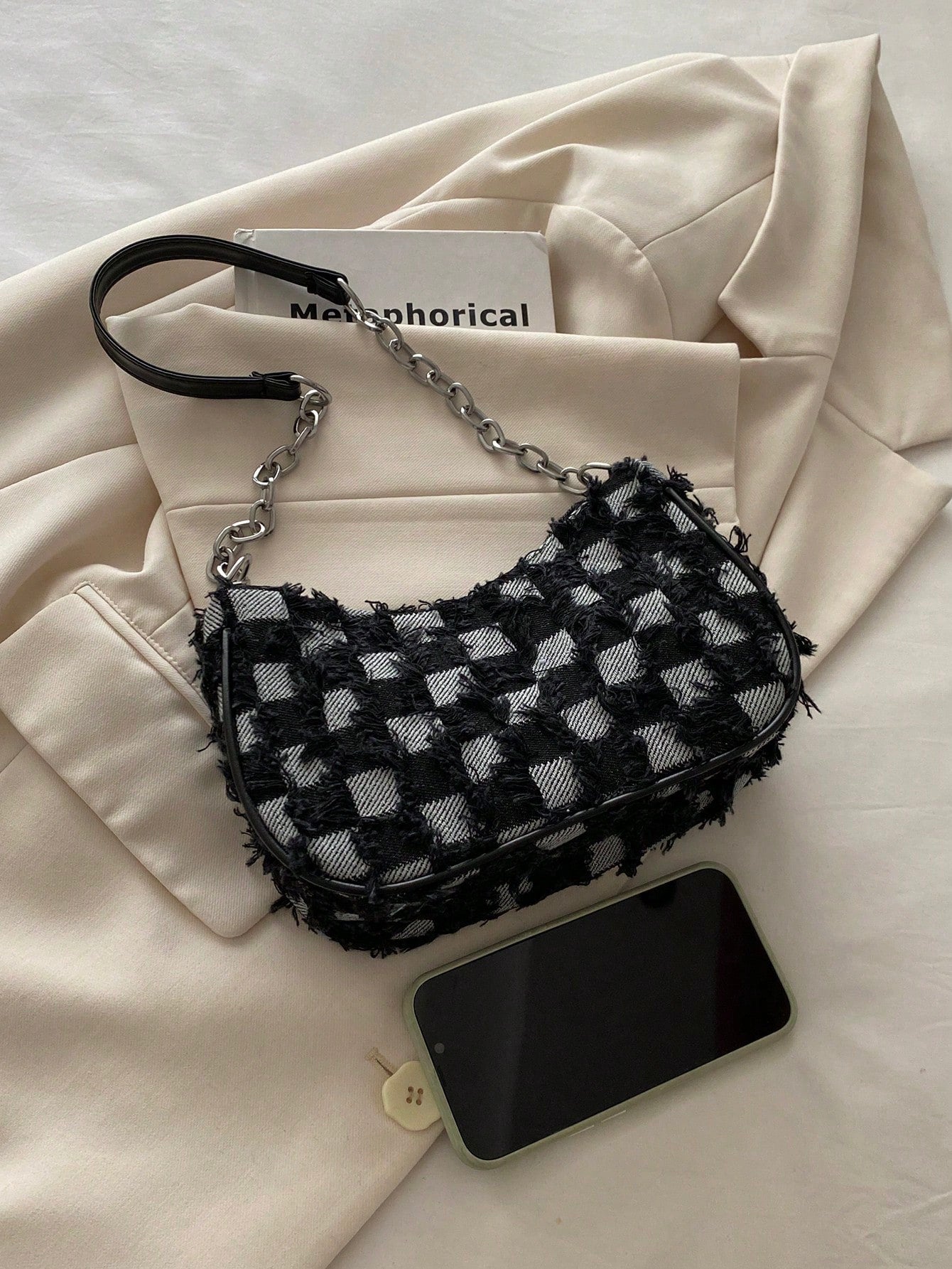 Decorative Button Detail Patchwork Chain Strap Shoulder Bag, Women Fashion Hobo Bag, Suitable For Shopping, Dating, Gift For Girls, College Students, Work, Commute