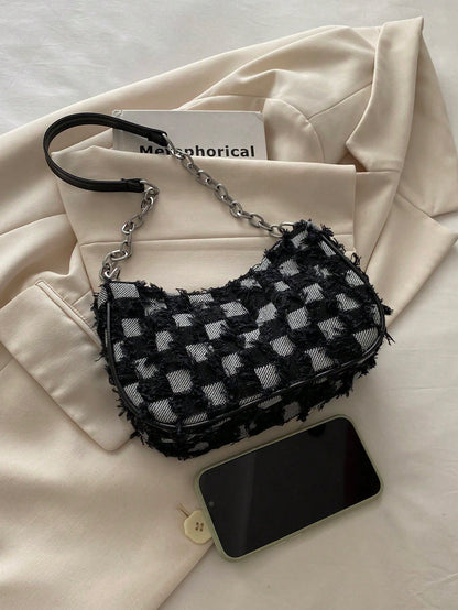 Decorative Button Detail Patchwork Chain Strap Shoulder Bag, Women Fashion Hobo Bag, Suitable For Shopping, Dating, Gift For Girls, College Students, Work, Commute