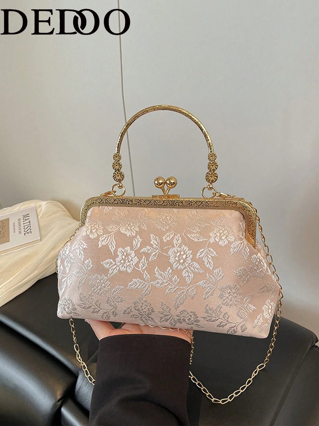 Dedoo Elegant Beige Embossed Flower Clutch Bag, Retro Kiss Lock Gold Handle Shoulder Bag With Removable Chain Strap