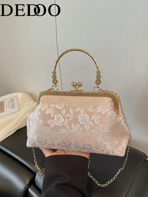 Dedoo Elegant Beige Embossed Flower Clutch Bag, Retro Kiss Lock Gold Handle Shoulder Bag With Removable Chain Strap
