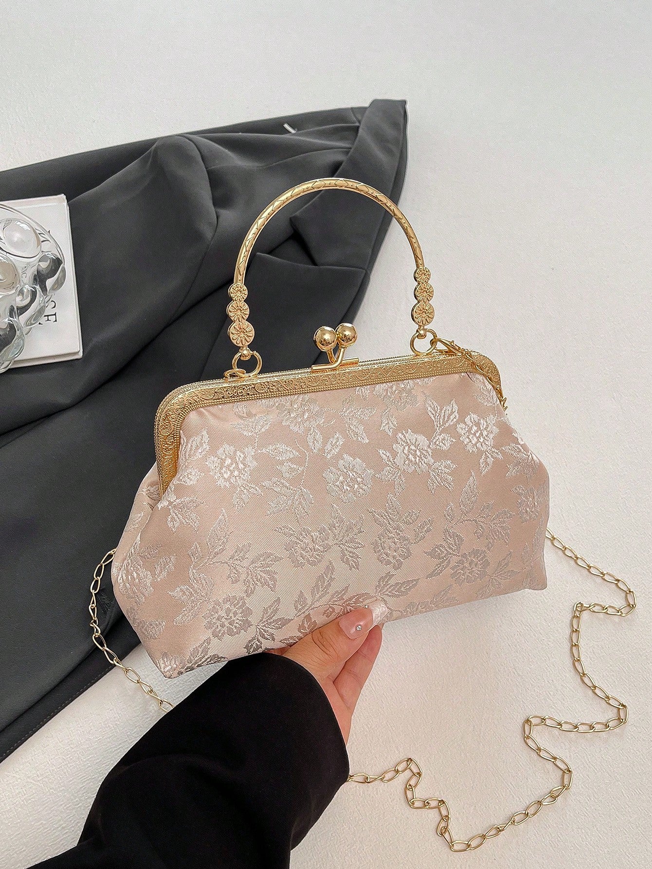 Dedoo Elegant Beige Embossed Flower Clutch Bag, Retro Kiss Lock Gold Handle Shoulder Bag With Removable Chain Strap