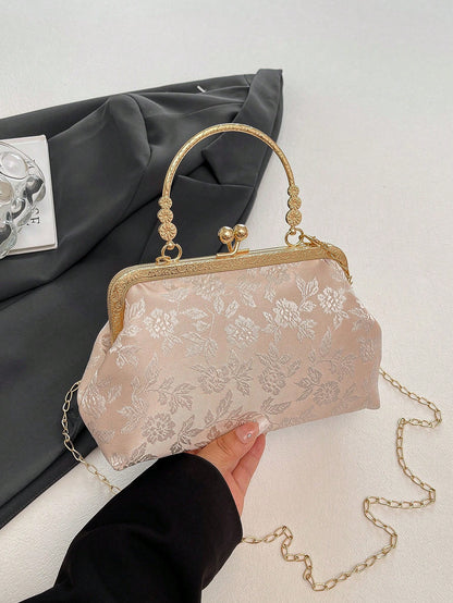 Dedoo Elegant Beige Embossed Flower Clutch Bag, Retro Kiss Lock Gold Handle Shoulder Bag With Removable Chain Strap