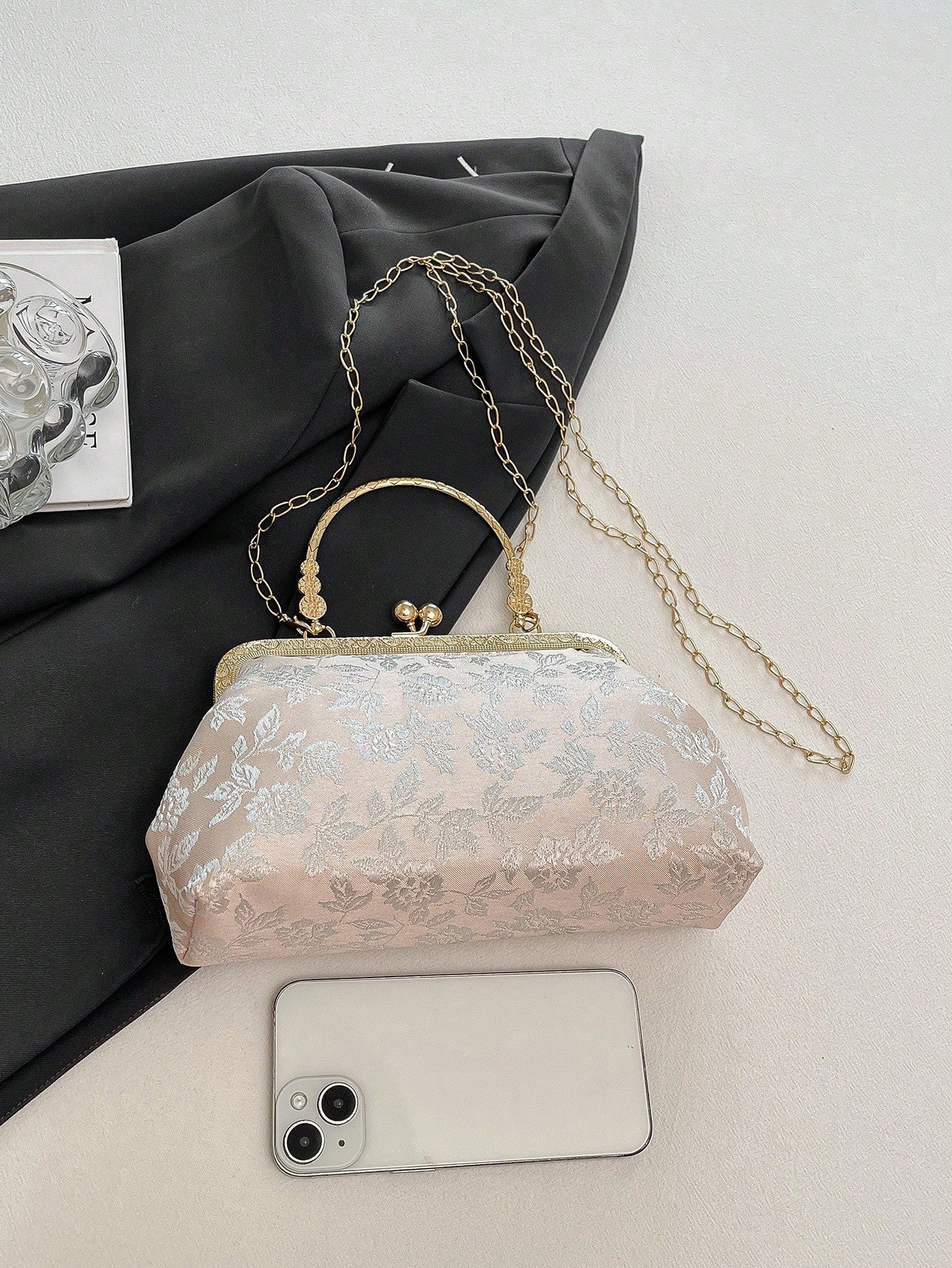 Dedoo Elegant Beige Embossed Flower Clutch Bag, Retro Kiss Lock Gold Handle Shoulder Bag With Removable Chain Strap
