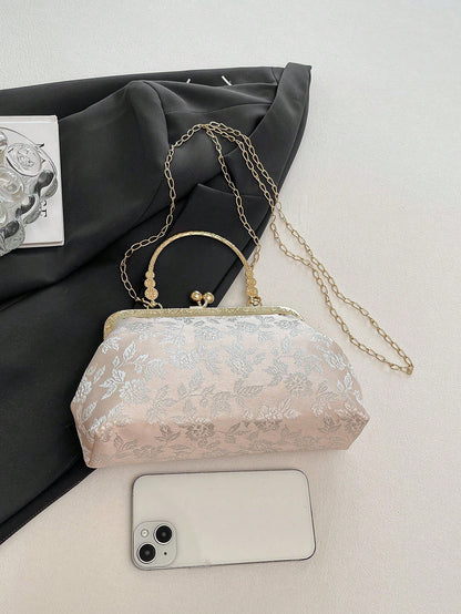 Dedoo Elegant Beige Embossed Flower Clutch Bag, Retro Kiss Lock Gold Handle Shoulder Bag With Removable Chain Strap