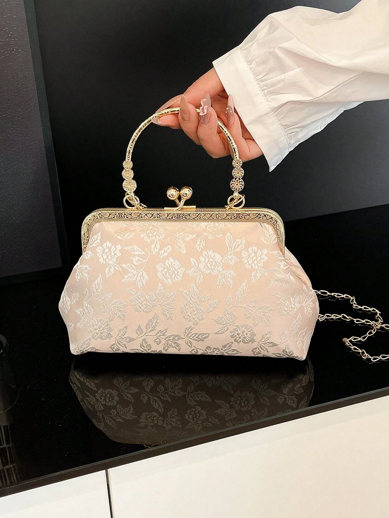 Dedoo Elegant Beige Embossed Flower Clutch Bag, Retro Kiss Lock Gold Handle Shoulder Bag With Removable Chain Strap