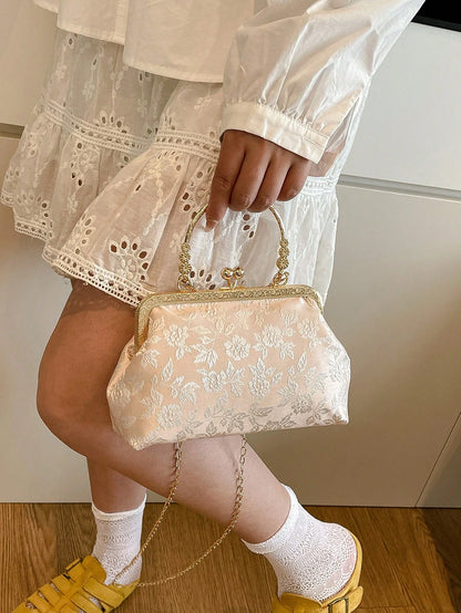 Dedoo Elegant Beige Embossed Flower Clutch Bag, Retro Kiss Lock Gold Handle Shoulder Bag With Removable Chain Strap