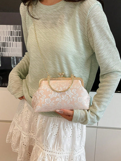 Dedoo Elegant Beige Embossed Flower Clutch Bag, Retro Kiss Lock Gold Handle Shoulder Bag With Removable Chain Strap