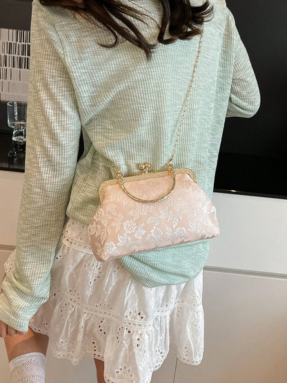 Dedoo Elegant Beige Embossed Flower Clutch Bag, Retro Kiss Lock Gold Handle Shoulder Bag With Removable Chain Strap