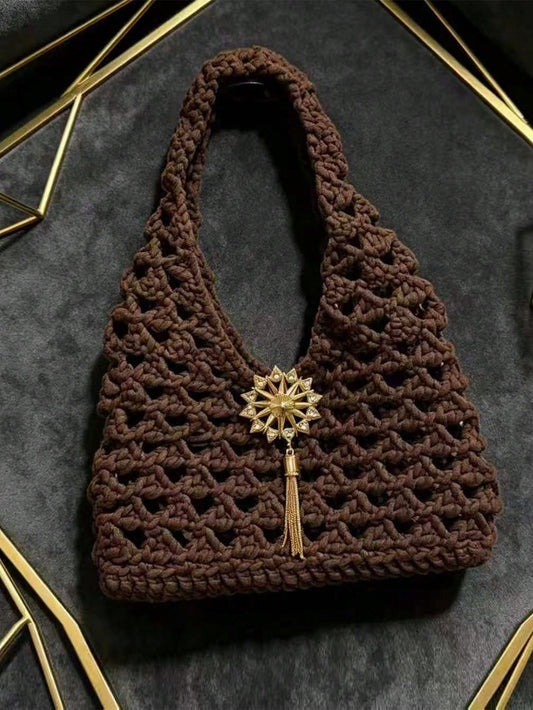 Dedoo Vintage Hollow Crochet Shoulder Bag, Golden Tassel Decor Woven Handbag, Casual Large Capacity Knit Tote Bag For Daily Shopping Vacation