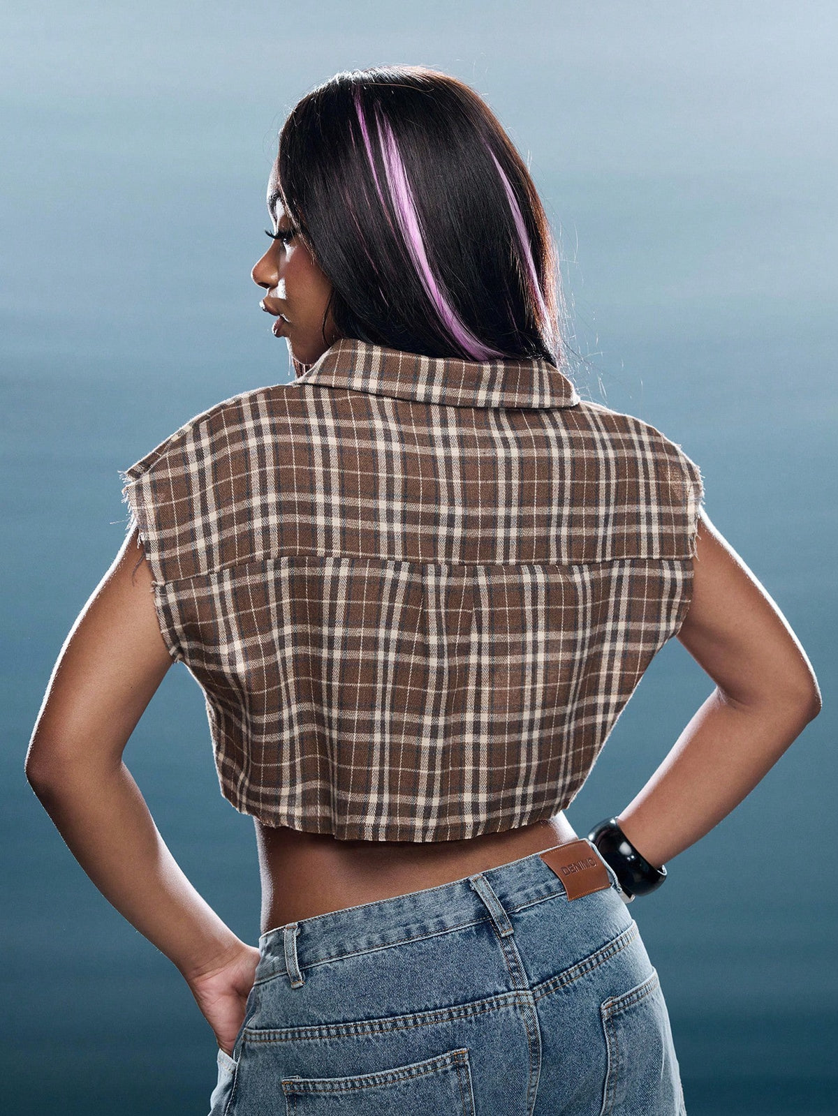 Denimoi Boxy Crop Top Plaid Collared Crop Top With Raw Edges Fashionable Streetwear