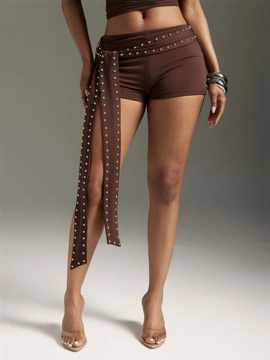 Denimoi Studded Tie Waist Hot Shorts Sexy Shorts Micro Mini Shorts Concert Outfits Vacation Outfits, Going Out