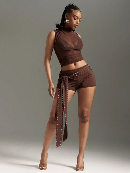 Denimoi Studded Tie Waist Hot Shorts Sexy Shorts Micro Mini Shorts Concert Outfits Vacation Outfits, Going Out