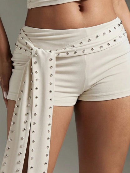 Denimoi Studded Tie Waist Hot Shorts Sexy Shorts Micro Mini Shorts Concert Outfits Vacation Outfits, Going Out