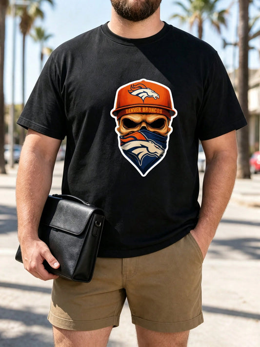 Denver Broncos Skull Graphic Print, Men's Short Sleeve Crew Neck Tee, Outdoor Casual T-Shirt, For Sports Fans And Game Day Outfits, Ideal Gift For Hol