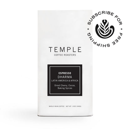 Dharma Espresso Blend bag from Temple Coffee Roasters featuring Espresso Dharma label and a circular subscribe graphic.