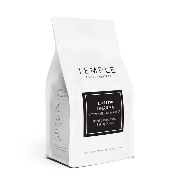 Dharma Espresso Blend bag from Temple Coffee Roasters angled to showcase Temple branding.