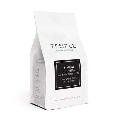 Dharma Espresso Blend bag from Temple Coffee Roasters angled to showcase Temple branding.