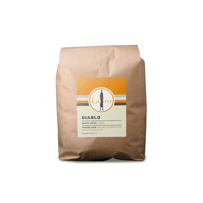 Diablo coffee bag with an orange top and a circular Ladro logo on the front label