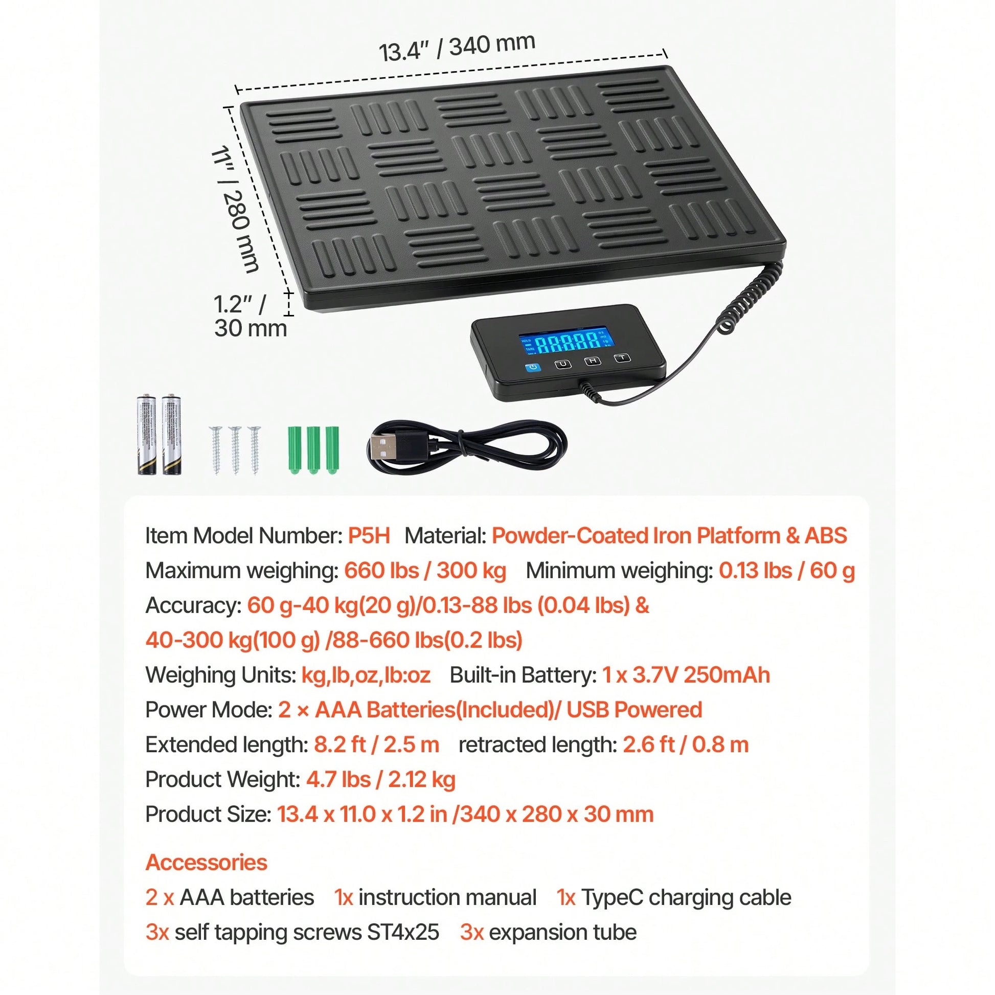 Digital Postal Scale, 0.7 Oz/3.5 Oz Dual Accuracy, 660 Lbs Commercial Weight Scale With Hold/Tare Function & LCD Display, Fit For Packages, Postage, Luggage, Battery & Charging Cable Included