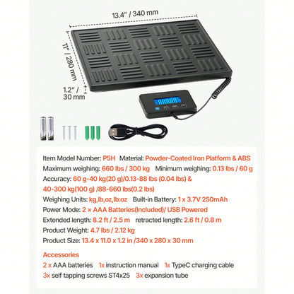 Digital Postal Scale, 0.7 Oz/3.5 Oz Dual Accuracy, 660 Lbs Commercial Weight Scale With Hold/Tare Function & LCD Display, Fit For Packages, Postage, Luggage, Battery & Charging Cable Included