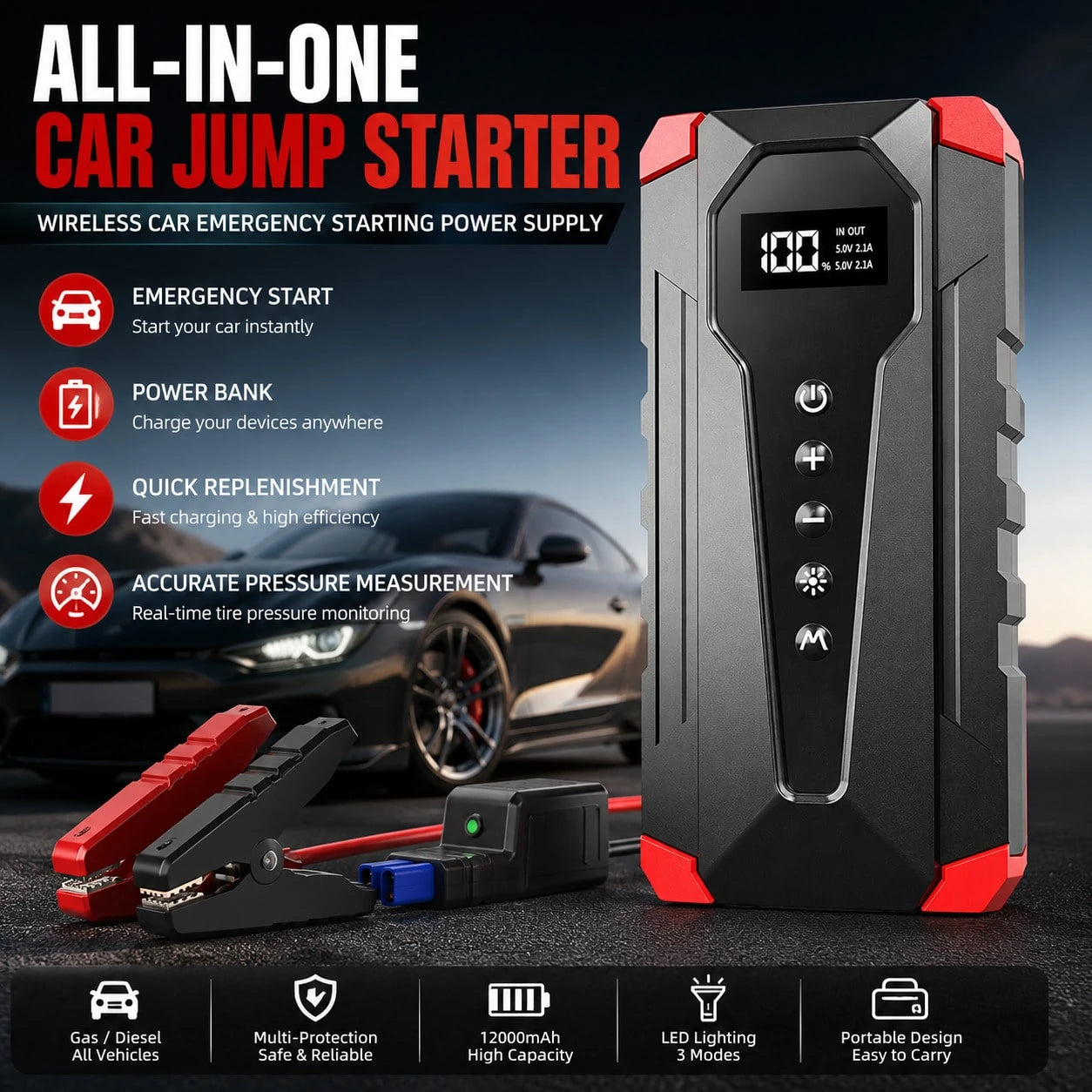 Digital Tire Inflator Portable Air Compressor, Rechargeable Electric Car Air Pump With LCD Pressure Display, Auto Stop Inflation & LED Light, Compact Vehicle Tire Pump For Car Motorcycle Bike Emergenc