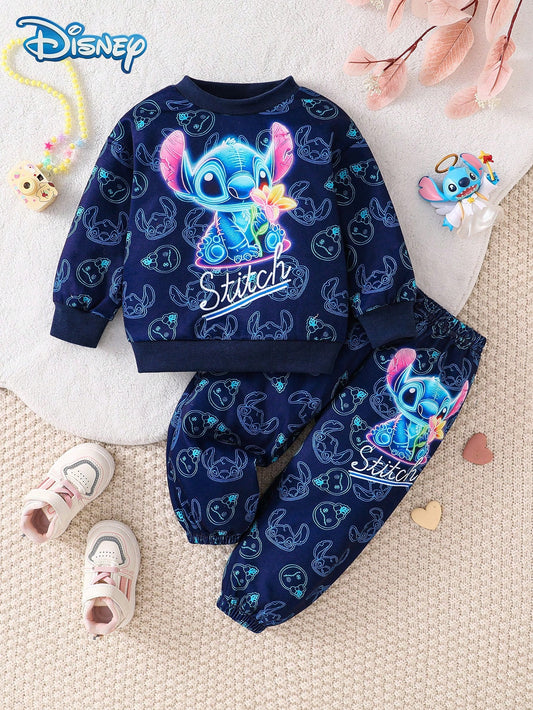 Disney Autumn/Winter Baby Boy Cute Long Sleeve Sweatshirt & Pants Set With Stitch Cartoon Pattern, Slight Stretch, Suitable For Daily Wear And Gift