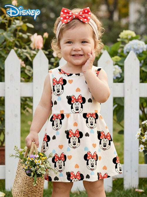 Disney Summer Baby Girls Minnie Heart Print Cute Sleeveless Casual Dress, Children Beach Holiday Heart Full Print Flared Skirt Versatile Dress